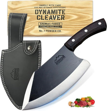 Dynamite Cleaver with Leather Sheath – Heavy Duty Hand-Forged Butcher Knife, Rustic Wooden Handle & Custom Wooden Crate | Blasting Grade Steel