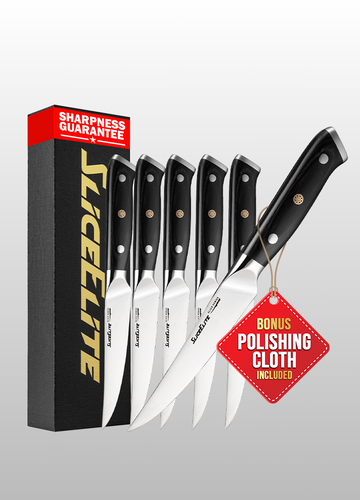 Slice Series 6-Piece Steak Knife Set – High Carbon German Steel 4.5-Inch Razor-Sharp Blades with Ergonomic Pakkawood Handles, Full Tang Construction, and Quality Wooden Storage Box