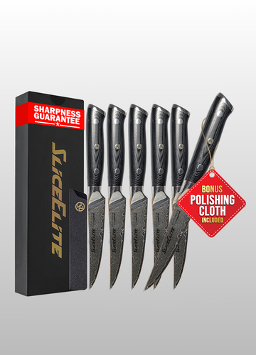 Elite Series 6-Piece Damascus Steak Knife Set – VG10 Steel 5-Inch Blades with Handle Options, Durable Polymer Sheaths, and Wooden Gift Box (6-Piece Steak Knife (G10 Handle))
