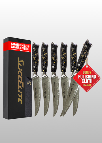 SliceElite Elite Series 6-Piece Damascus Steak Knife Set – VG10 Steel 5-Inch Blades with Handle Options, Durable Polymer Sheaths, and Wooden Gift Box (6-Piece Steak Knife (Carbon Fiber Handle))
