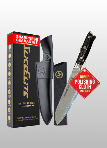 Elite Series 7-Inch Damascus Santoku Knife – VG10 Steel Blade with Forged Carbon Fiber and G10 Handle Options with Dual Sheaths, and Polishing Cloth (Santoku Knife (Carbon Fiber Handle))