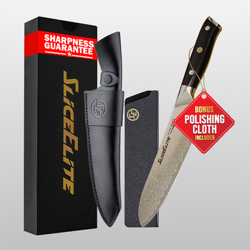 Elite Series 7-Inch Damascus Santoku Knife – VG10 Steel Blade with Forged Carbon Fiber and G10 Handle Options with Dual Sheaths, and Polishing Cloth (Santoku Knife (Carbon Fiber Handle))