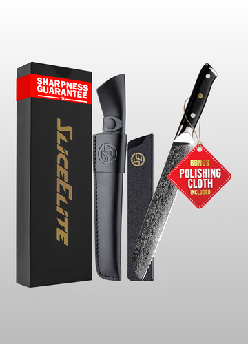 Elite Series 8-Inch Damascus Bread Knife – VG10 Steel Serrated Blade with Handles Option, Dual Sheaths, and Polishing Cloth (Bread Knife (G10 Handle))