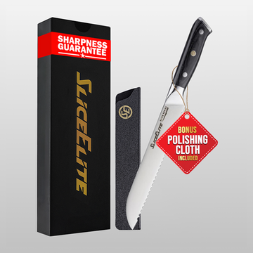 Slice Series 8-Inch Bread Knife with Polymer Blade Guard | High Carbon German Steel Serrated Blade Sourdough Bread Slicer with Ergonomic Pakkawood Handle | Kitchen Knife for Slicing Homemade Loafs