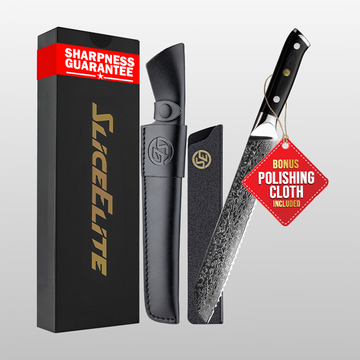 Elite Series 8-Inch Damascus Bread Knife – VG10 Steel Serrated Blade with Handles Option, Dual Sheaths, and Polishing Cloth (Bread Knife (G10 Handle))