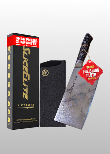 Elite Series 7-Inch Meat Cleaver Knife – Damascus Steel VG10 Core Carbon Fiber Handle with Polymer Sheath | Meat and Vegetable Knives | Butcher Knife for Meat Cutting | Clever & Sharp