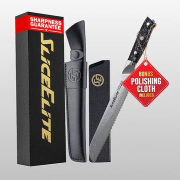 Elite Series 8-Inch Damascus Bread Knife – VG10 Steel Serrated Blade with Handles Option, Dual Sheaths, and Polishing Cloth (Bread Knife (Carbon Fiber Handle)) Visit the SliceElite Store