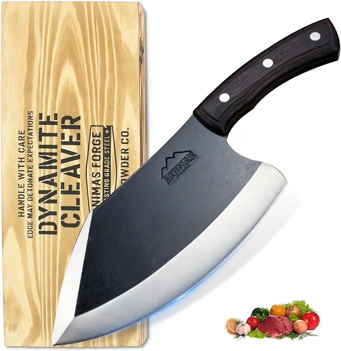 Dynamite Cleaver with out Sheath – Heavy Duty Hand-Forged Butcher Knife with Rustic Wooden Handle & Custom Wooden Crate | Blasting Grade Steel