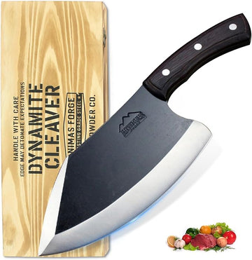 Dynamite Cleaver with out Sheath – Heavy Duty Hand-Forged Butcher Knife with Rustic Wooden Handle & Custom Wooden Crate | Blasting Grade Steel
