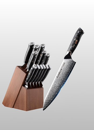 Elite Series 12-Piece Damascus Knife Set – VG10 Steel Blades with Forged Carbon Fiber & G10 Handles Option, Magnetic Clasp Gift Box (12-Piece Knife Set - Carbon Fiber Handle)