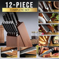 12-piece complete knife set including steak, chef, Santoku, utility, paring, and bread knives, all stored in a wooden block