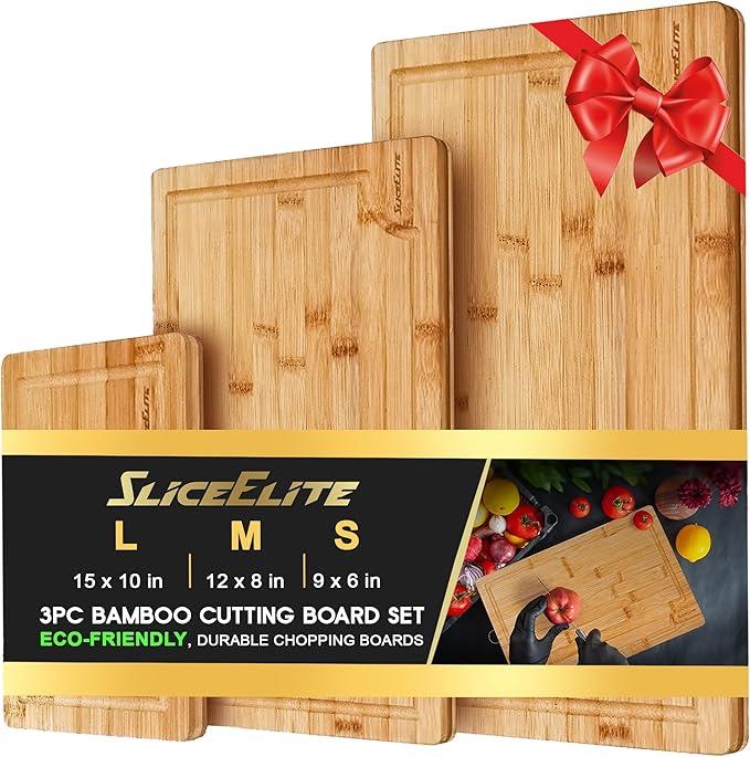 SliceElite 3pc Bamboo Cutting Board Set with Silicone Feet and Holding Rack