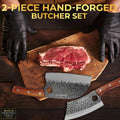 2-Piece hand-forged Knife Knife on wooden surface along with red meat
