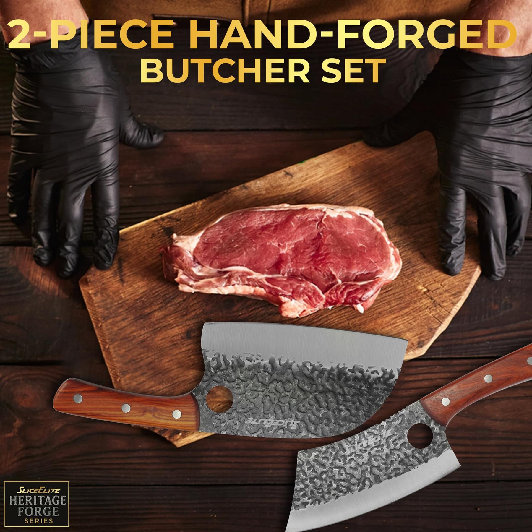 2-Piece hand-forged Knife Knife on wooden surface along with red meat