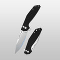 Two folding knives with black handles and silver blades on a light gray background
