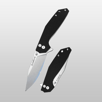 Two folding knives with black handles and silver blades on a light gray background