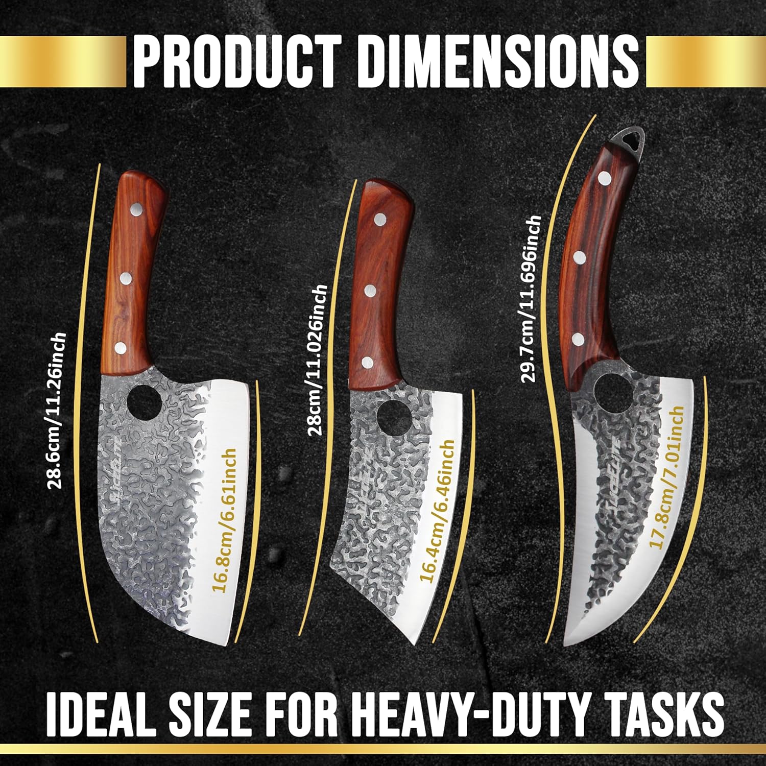 3PCS Hand-Forged Professional Butcher Knife Product Dimension