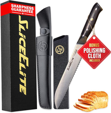 SliceElite 8-Inch Bread Knife German Steel Serrated Blade Pakkawood Handle with Dual Sheath