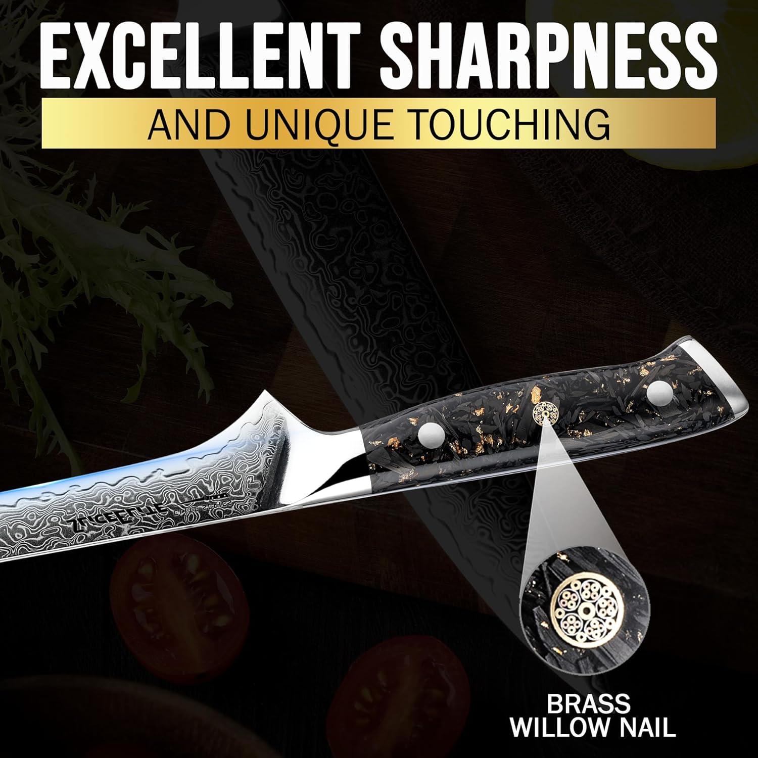 6-Inch Damascus Fillet Knife Resin Handle and Brass Willow Nail