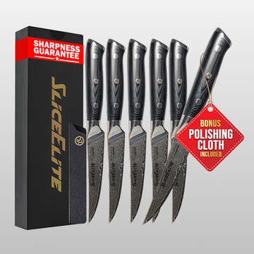 Elite Series 6-Piece Damascus Steak Knife Set – VG10 Steel 5-Inch Blades with Handle Options, Durable Polymer Sheaths, and Wooden Gift Box (6-Piece Steak Knife (G10 Handle))