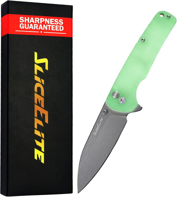 SliceElite Glowpoke Folding Pocket Knife Glow in the Dark G10 Handle 14C28N Blade Button Lock (Glowpoke Satin)