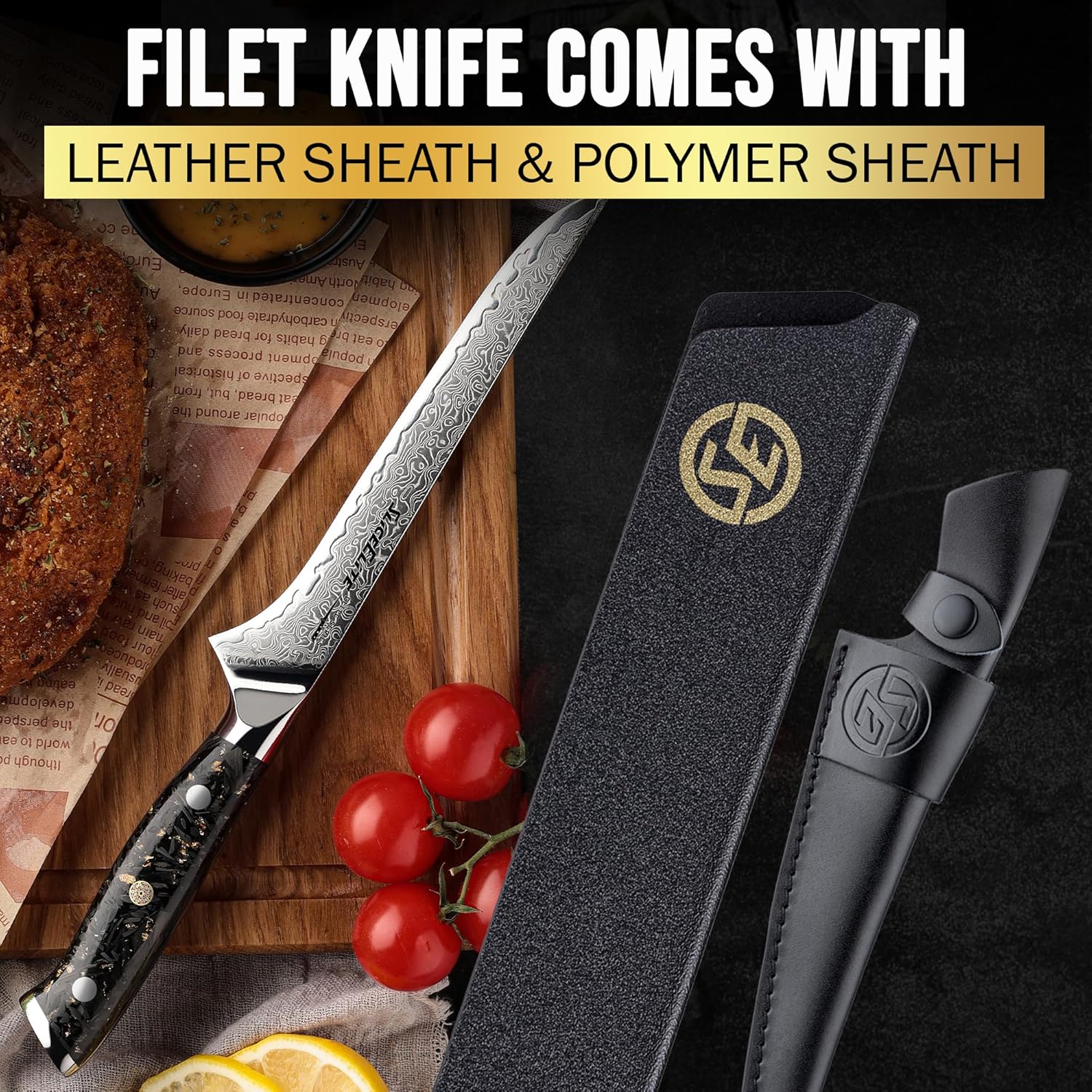 6-Inch Damascus Fillet Knife Complete Package, Leather Sheath and Polymer Sheath | The Damascus Fillet Knife is on the cutting board alongside Cherry Tomatoes and Chicken 