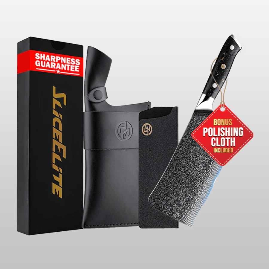 Knife with a black sheath and polishing cloth, featuring 'Slice Elite' branding.