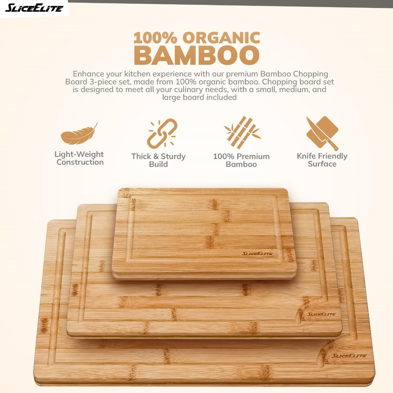 3pc Bamboo Cutting Board Set: Eco-friendly, durable chopping boards with handles & juice grooves. Ideal for all kitchen tasks (Large, Medium, Small)