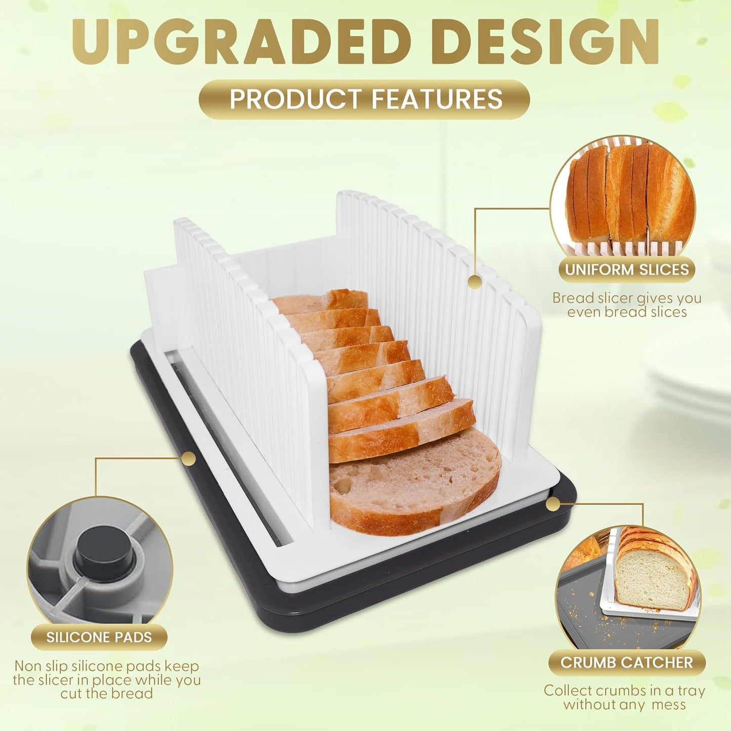 Bread Slicer for Homemade Bread with Adjustable Width - Effortless & Consistent Slices, Folds Flat for Compact Storage, Built-in Crumb Tray & Bonus 8-Inch Serrated Bread Knife!