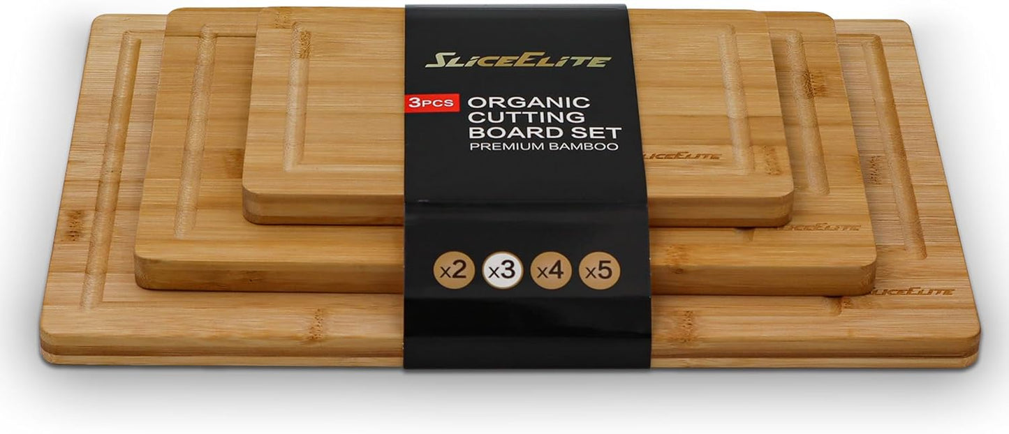 3pc Bamboo Cutting Board Set: Eco-friendly, durable chopping boards with handles & juice grooves. Ideal for all kitchen tasks (Large, Medium, Small)