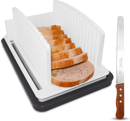 Bread Slicer for Homemade Bread with Adjustable Width - Effortless & Consistent Slices, Folds Flat for Compact Storage, Built-in Crumb Tray & Bonus 8-Inch Serrated Bread Knife!