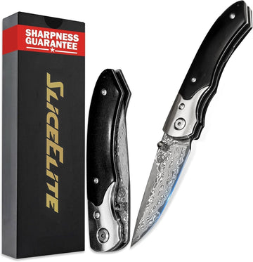 SliceElite Black Sangre Folding Knife 67 Layer Damascus VG10 Blade Ebony Wood Handle