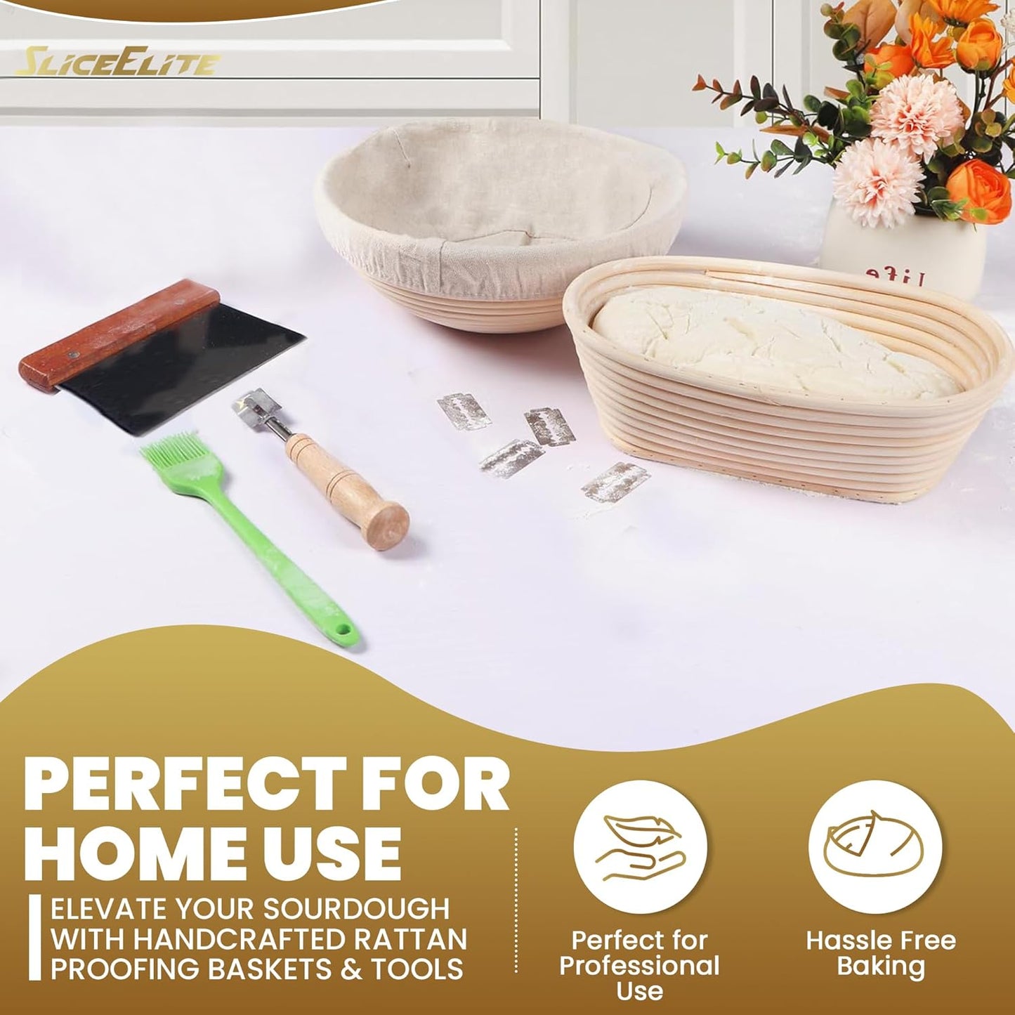 9" Round & 10" Oval Rattan Banneton Proofing Basket Set (2-Pack) with Linen Liners, Bread Lame (5 Blades), Silicone Brush, Dough Scraper - Perfect for Sourdough Bread Baking.