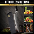 8-inch precise blade chef knife with a leather sheath, shown next to fresh fruits and vegetables, highlighting its sharpness and versatility for cutting both produce and meat