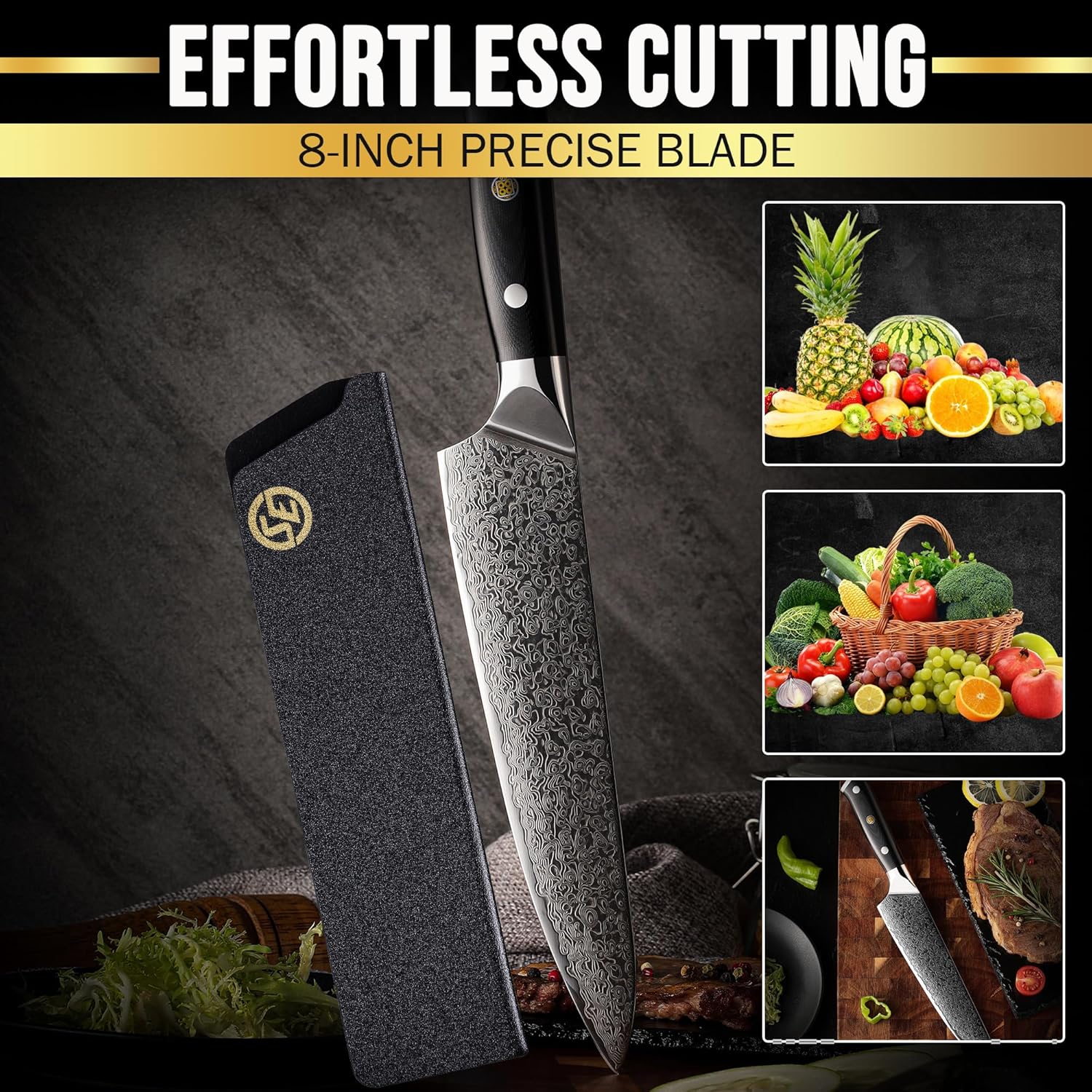 8-inch precise blade chef knife with a leather sheath, shown next to fresh fruits and vegetables, highlighting its sharpness and versatility for cutting both produce and meat