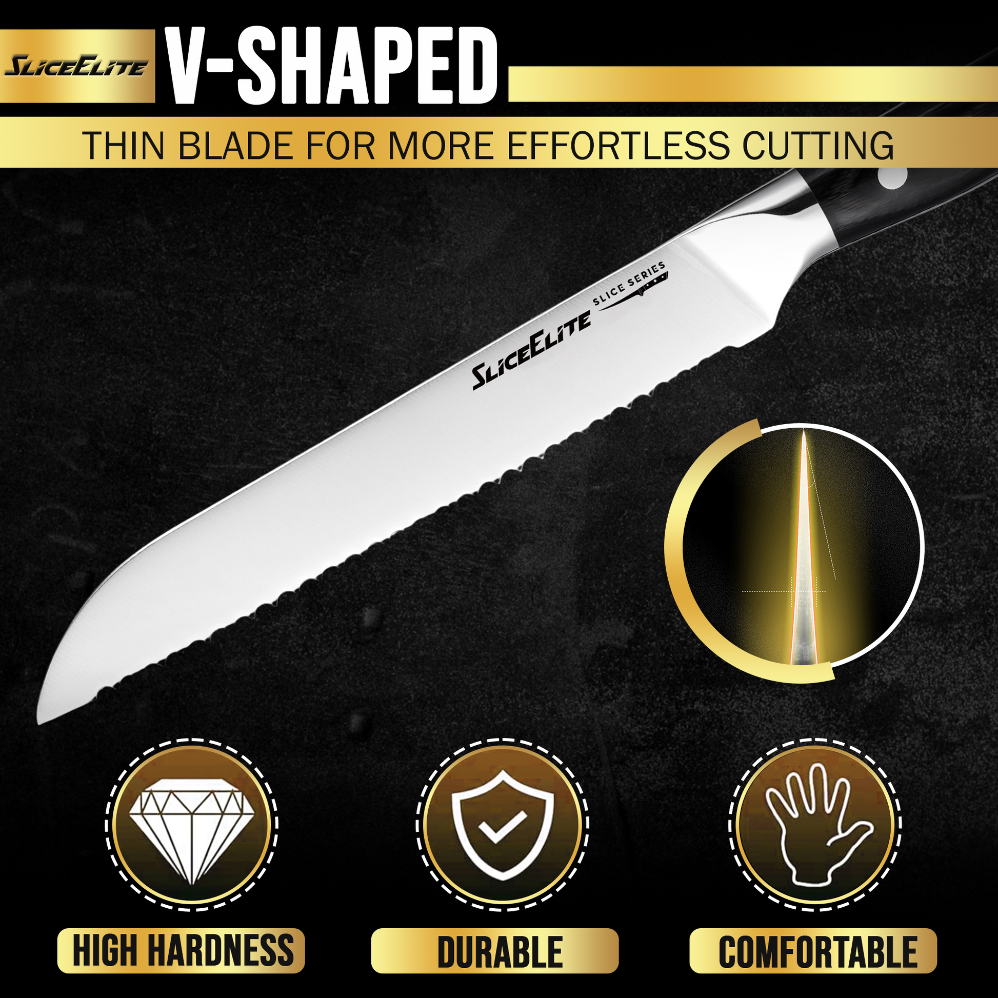 8-Inch Premium Bread Knife sharp va shaped blade close-up view