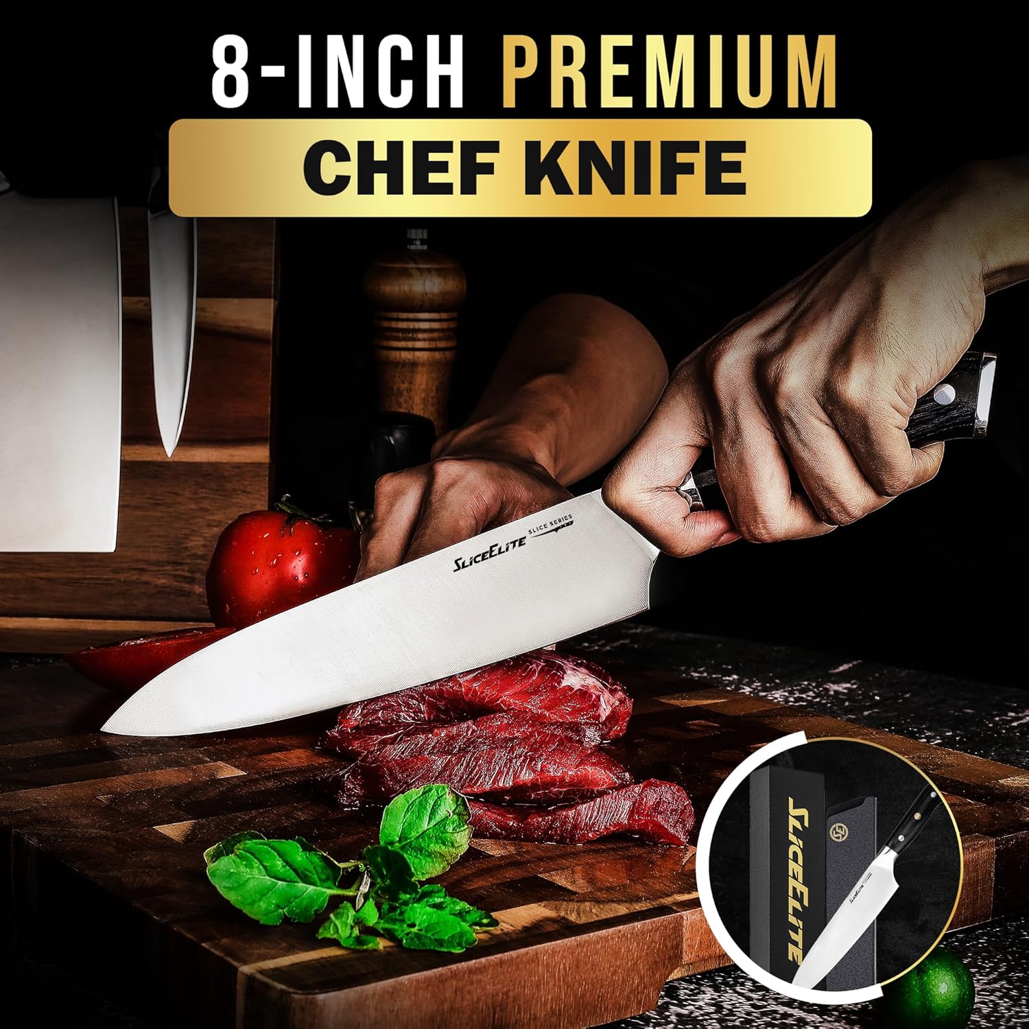 8-inch premium chef knife from SliceElite, shown slicing fresh meat on a wooden cutting board, highlighting its sharpness and precision for professional kitchen use