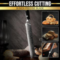 An 8-inch precise blade knife showcased cutting bread effortlessly, highlighting its sharpness and ability to slice through different types of bread with ease.