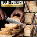 An 8-inch precision blade knife shown slicing bread effortlessly, emphasizing its versatility for multi-purpose use in the kitchen with clean, even slices