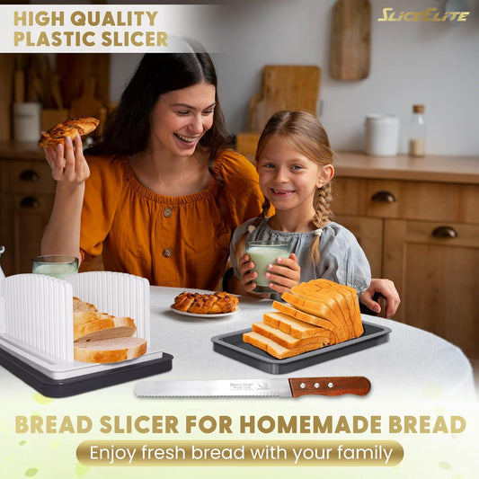 Bread Slicer for Homemade Bread with Adjustable Width - Effortless & Consistent Slices, Folds Flat for Compact Storage, Built-in Crumb Tray & Bonus 8-Inch Serrated Bread Knife!