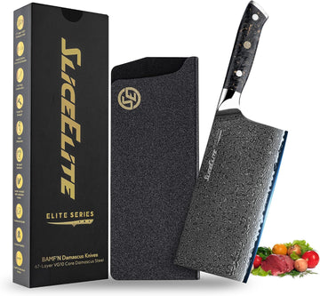 SliceElite 7-Inch Damascus Meat Cleaver Knife VG10 Steel Carbon Fiber Handle