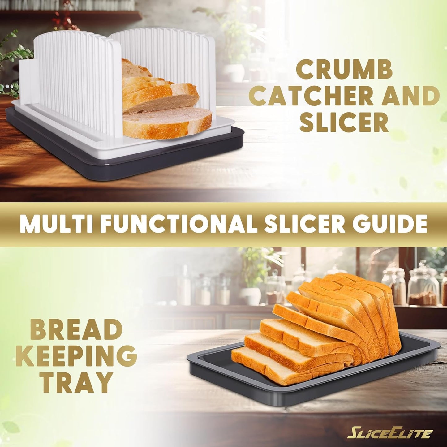 Bread Slicer for Homemade Bread with Adjustable Width - Effortless & Consistent Slices, Folds Flat for Compact Storage, Built-in Crumb Tray & Bonus 8-Inch Serrated Bread Knife!