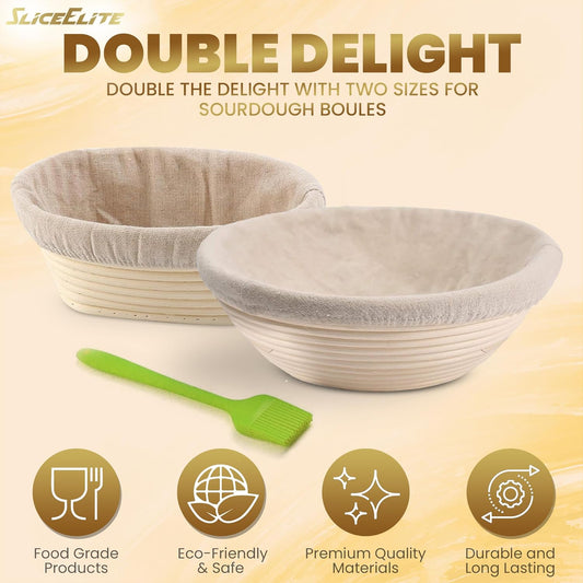 9" Round & 10" Oval Rattan Banneton Proofing Basket Set (2-Pack) with Linen Liners, Bread Lame (5 Blades), Silicone Brush, Dough Scraper - Perfect for Sourdough Bread Baking.