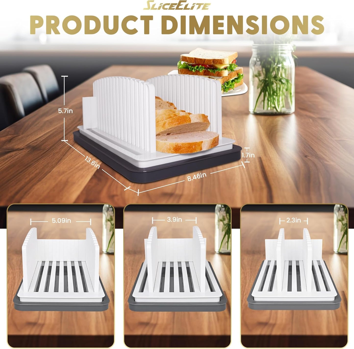 Bread Slicer for Homemade Bread with Adjustable Width - Effortless & Consistent Slices, Folds Flat for Compact Storage, Built-in Crumb Tray & Bonus 8-Inch Serrated Bread Knife!