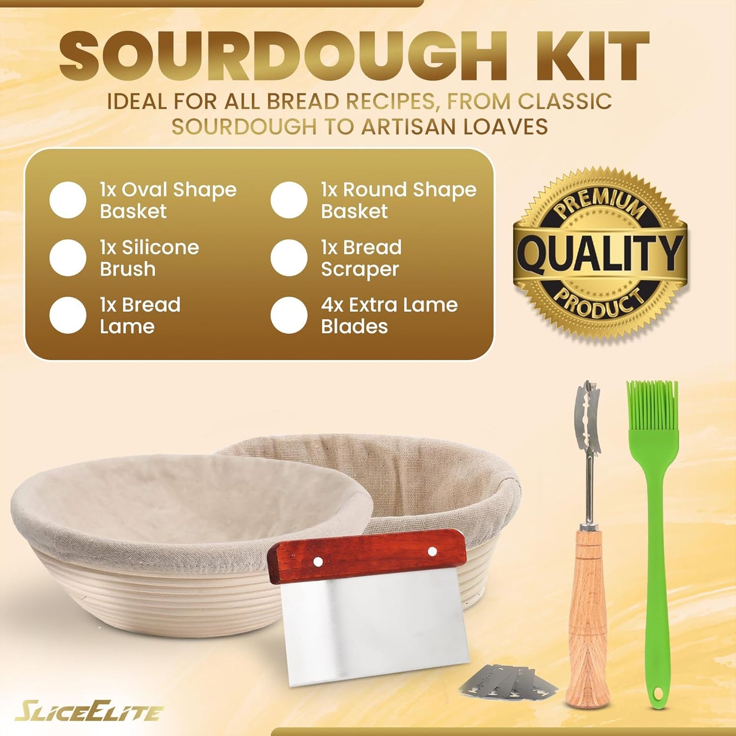 9" Round & 10" Oval Rattan Banneton Proofing Basket Set (2-Pack) with Linen Liners, Bread Lame (5 Blades), Silicone Brush, Dough Scraper - Perfect for Sourdough Bread Baking.