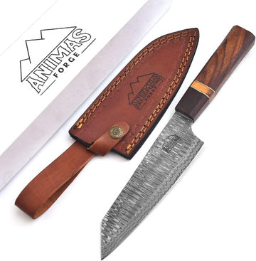 Damascus Chef Knife 7" Blade Lightweight High Carbon Steel | Leather Sheath