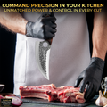Person wearing black gloves cutting meat with a large SliceElite knife, promotional text about kitchen precision and power.
