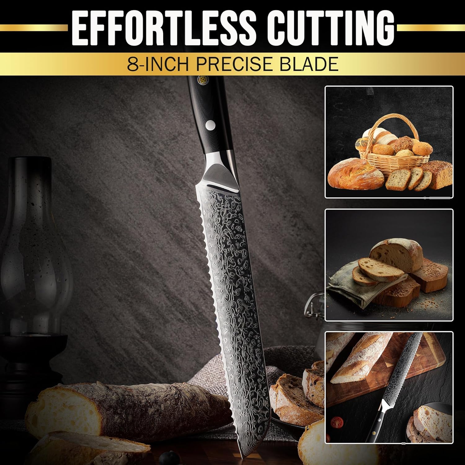 A high-quality Damascus steel knife shown cutting bread with ease, highlighting its sharpness and precision, alongside images of sliced bread and a bread basket
