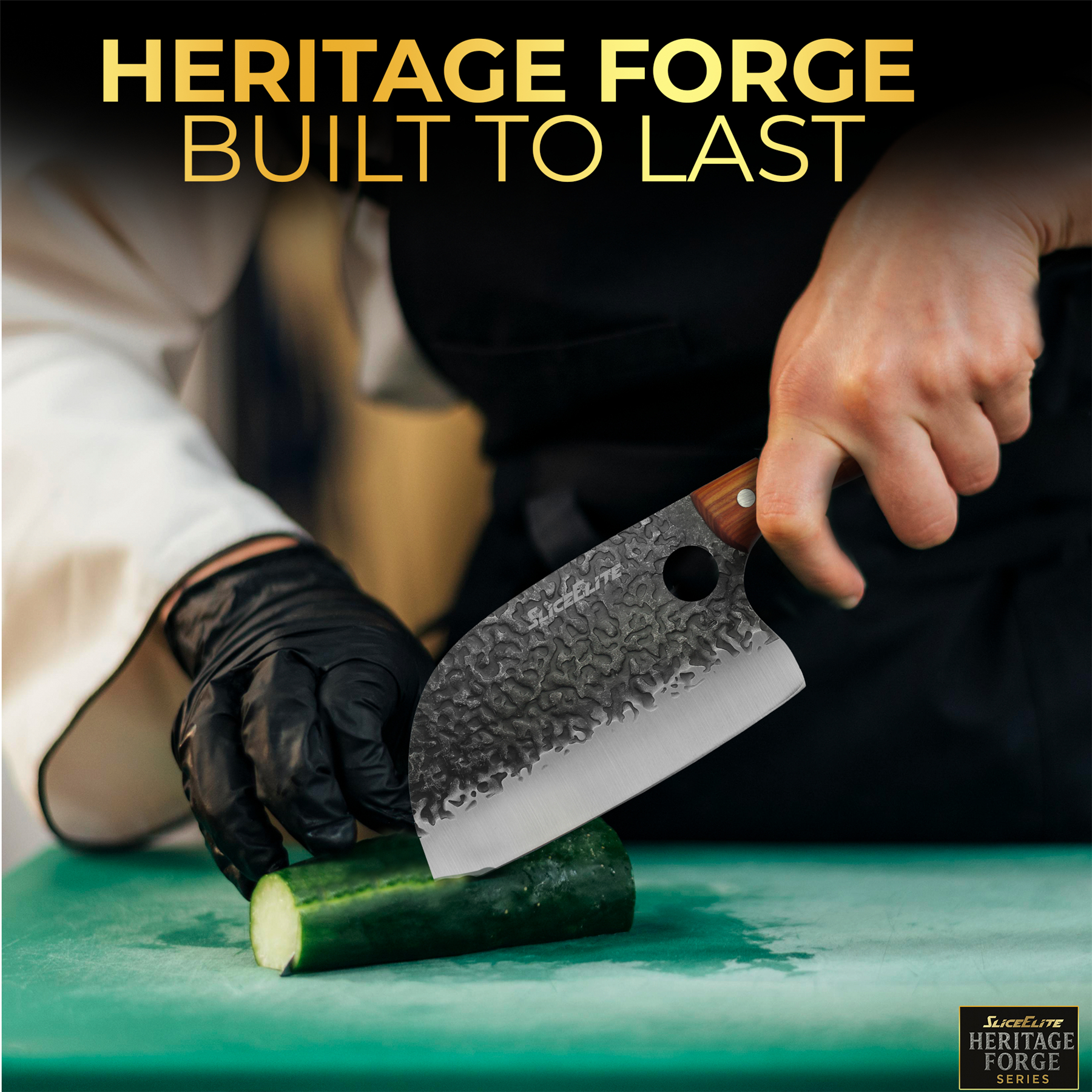 Person using a knife to cut a cucumber with 'Heritage Forge' branding in the background.