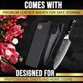 A premium leather sheath designed for safe storage of knives, shown with a professional chef's knife and fresh cuts of meat, highlighting its use for both professional chefs and home cooks.